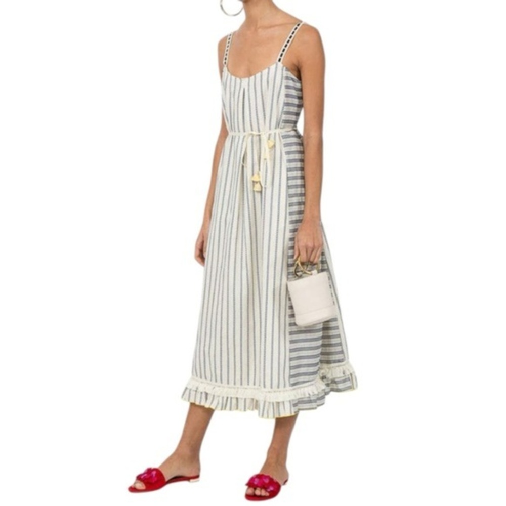 Lemlem Women’s Size M Cream Navy Striped Sleeveless Belted Midi Dress